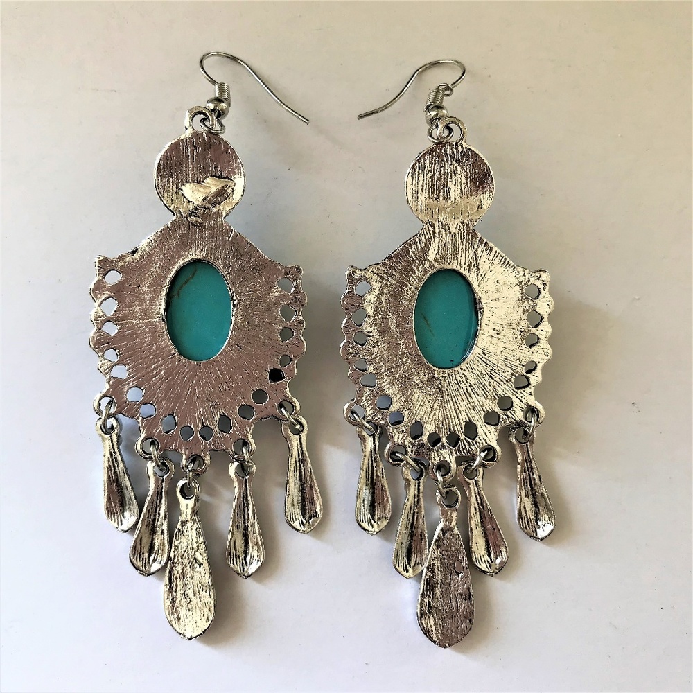 BE1 | Boho Long Turquoise Flower Drop Earrings - Picture 3 of 6